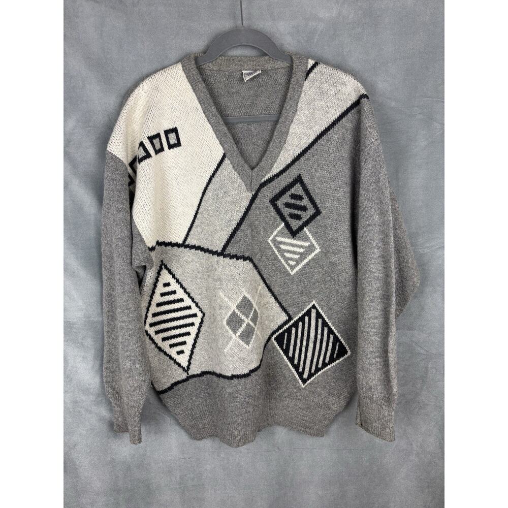 Vtg SEYLAIR TRIKO Sweater Mens XL Gray Geometric Abstract Print Shetland Wool